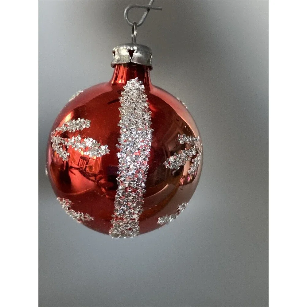 Vintage Hand Painted Blown Glass Christmas Ornament Red Small Ball Glitter